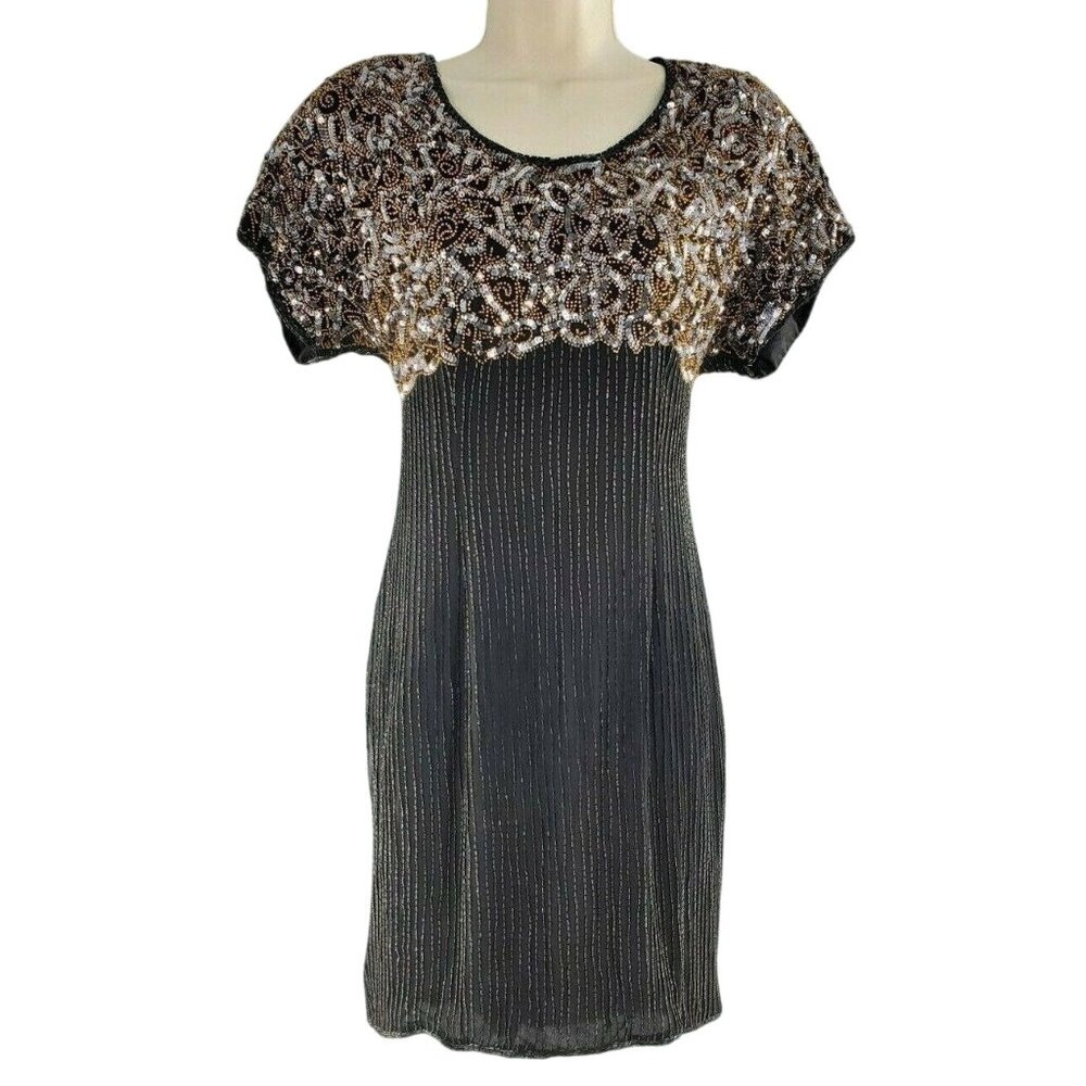 Vtg Stenay Silk‎ Beaded Sequin Black Gold Cocktail Party Dress Sz 8 Medium 1980s